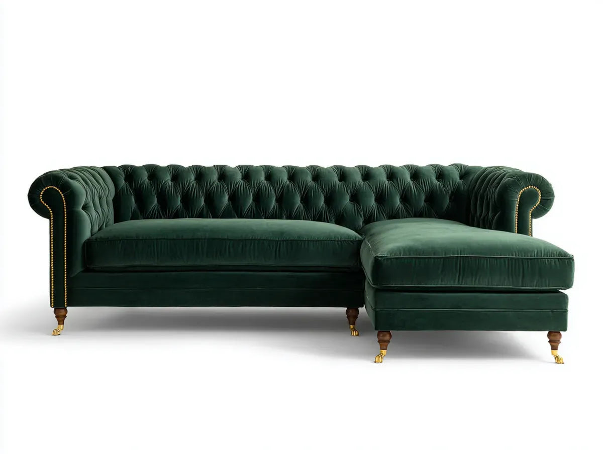 Sofa, Chesterfield ciemnozielony narożnik sofa w 3 fotele poliestrowy aksamit z prawym krzesełkiem longue 260 x 165 x 78 cm