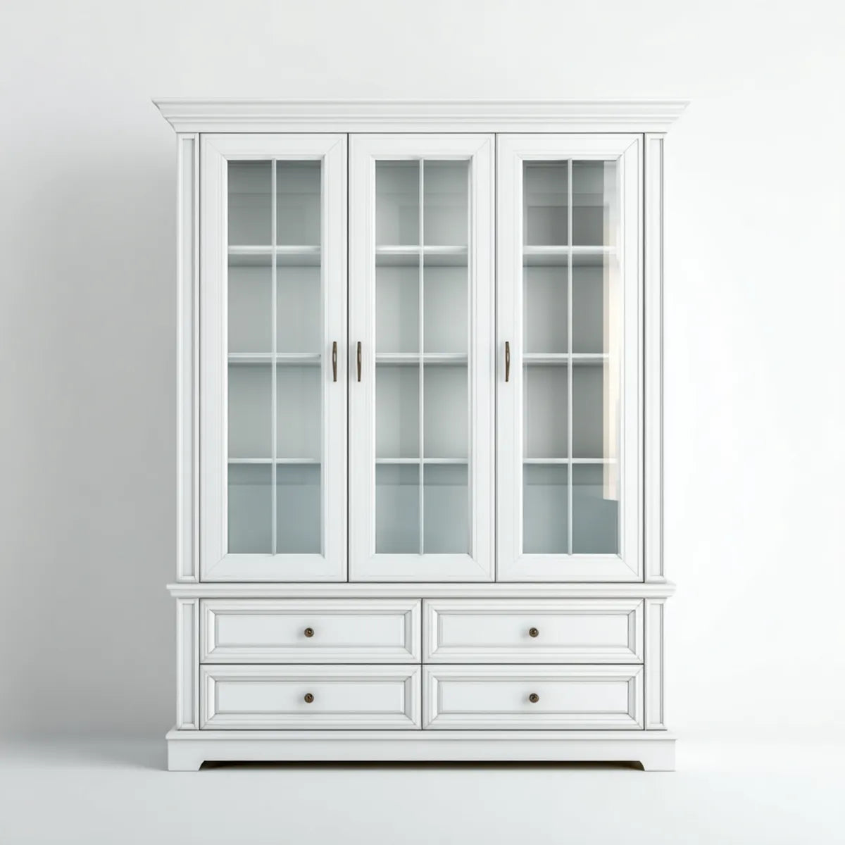 Witryna, Szkło futerał biały 150 x 42 x 200 cm malowany MDF z 3 szklanymi drzwiami i 4 szuflady prostokątne