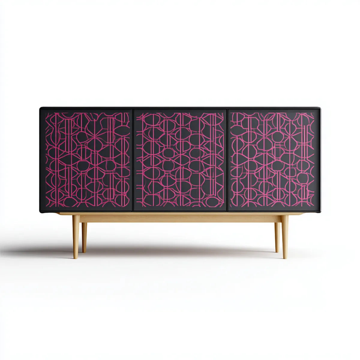 Witryna, Czarna i różowy 3-drzwiowy stołówkowy bufet w lakierowanym MDF z litymi nogami z drewna 180 x 40 x 85 cm prostokątna