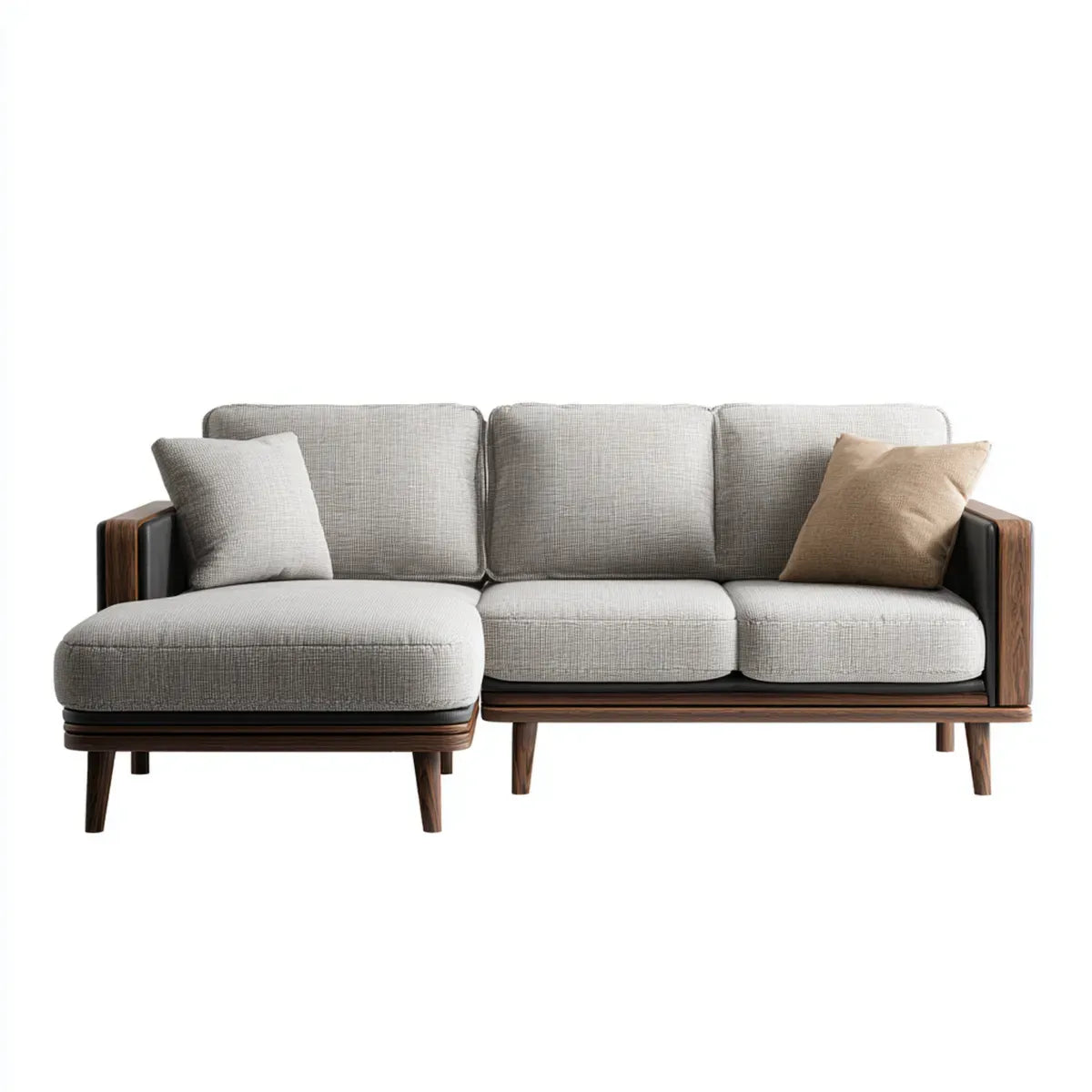 Sofa, Rożna sofa 3 miejsca szary z krzeseł longa lewo 250 x 160 x 85 cm w poliestrze i litym drewnie
